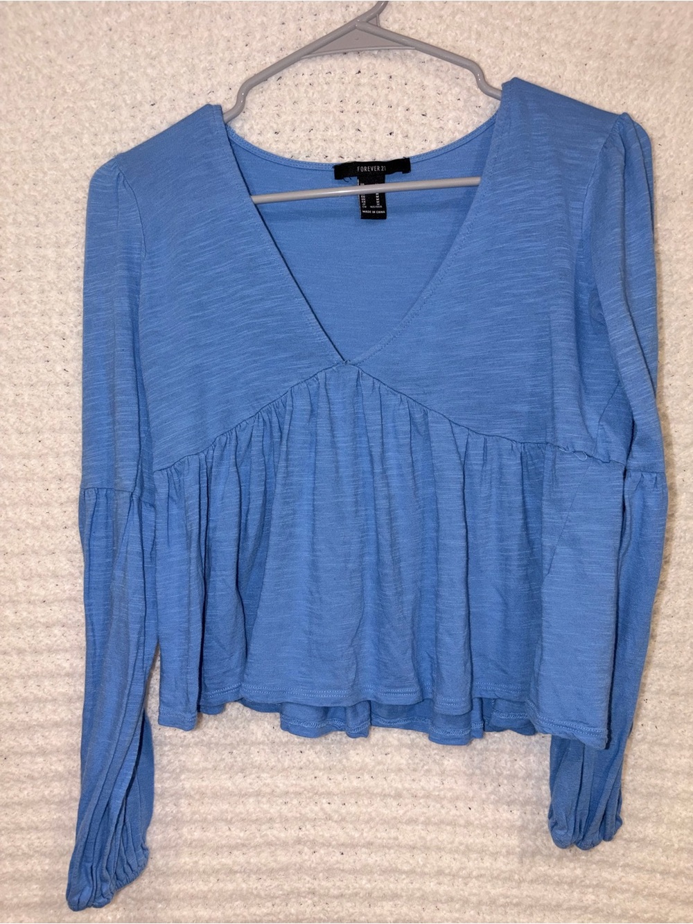 Forever 21 Light Blue V-Neck Peplum Long Sleeve Top